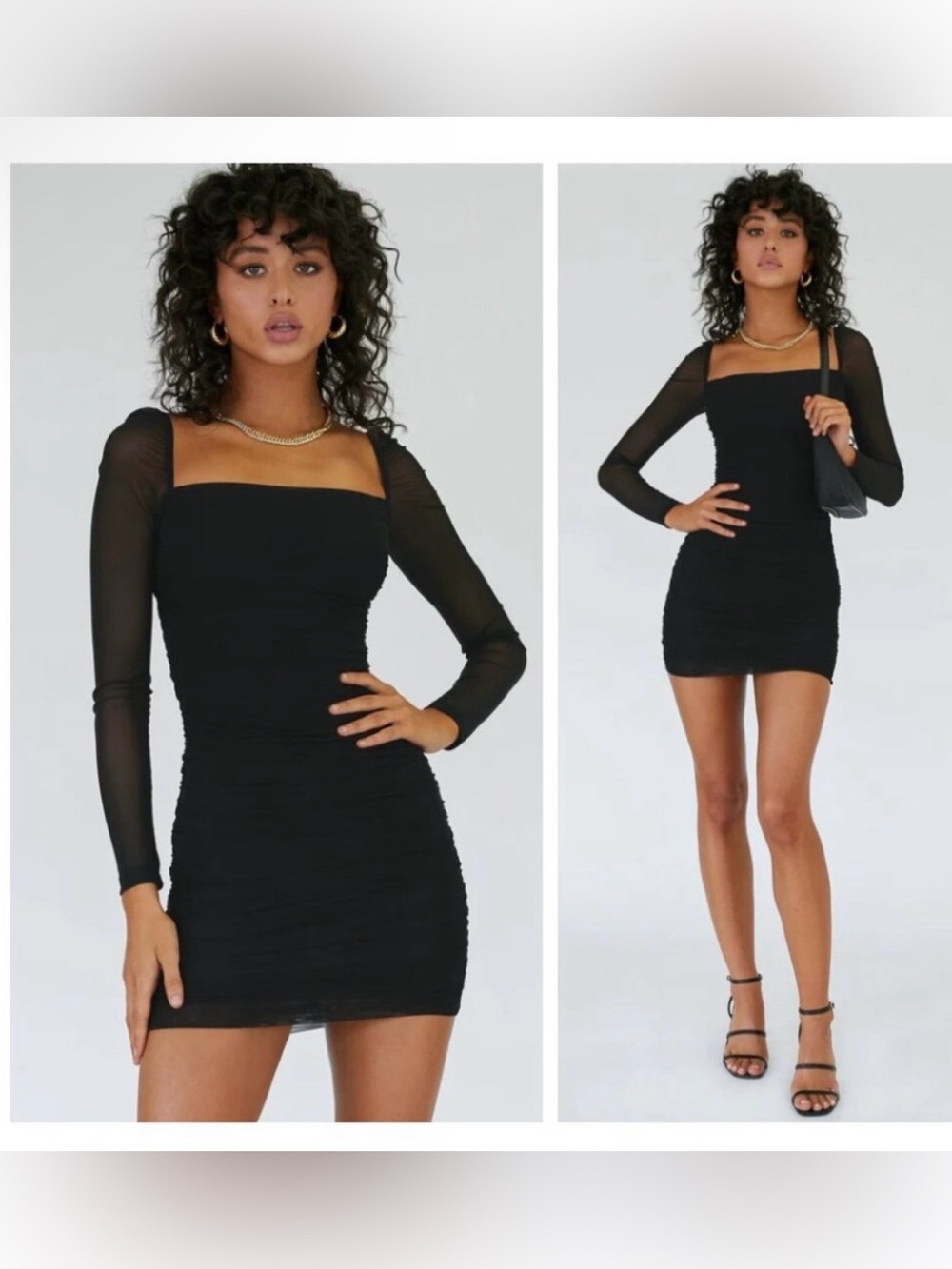 Princess Polly Black Charvi Mesh Square Neck Long Sleeve Ruched Bodycon Dress